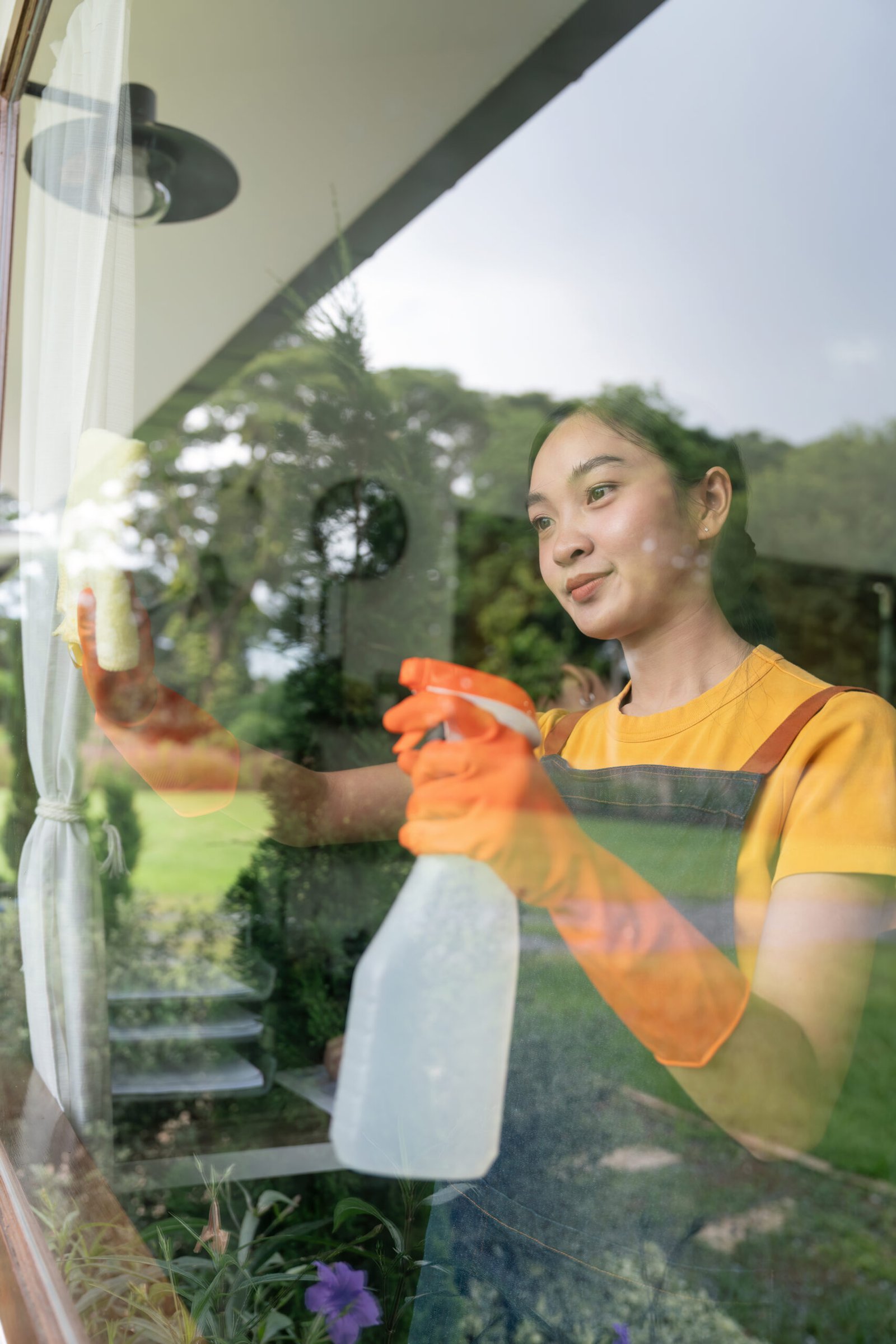 A cleaner wiping down a glass storefront window.
